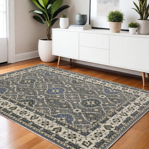 5' X 8' Blue And Gray Oriental Area Rug With Fringe